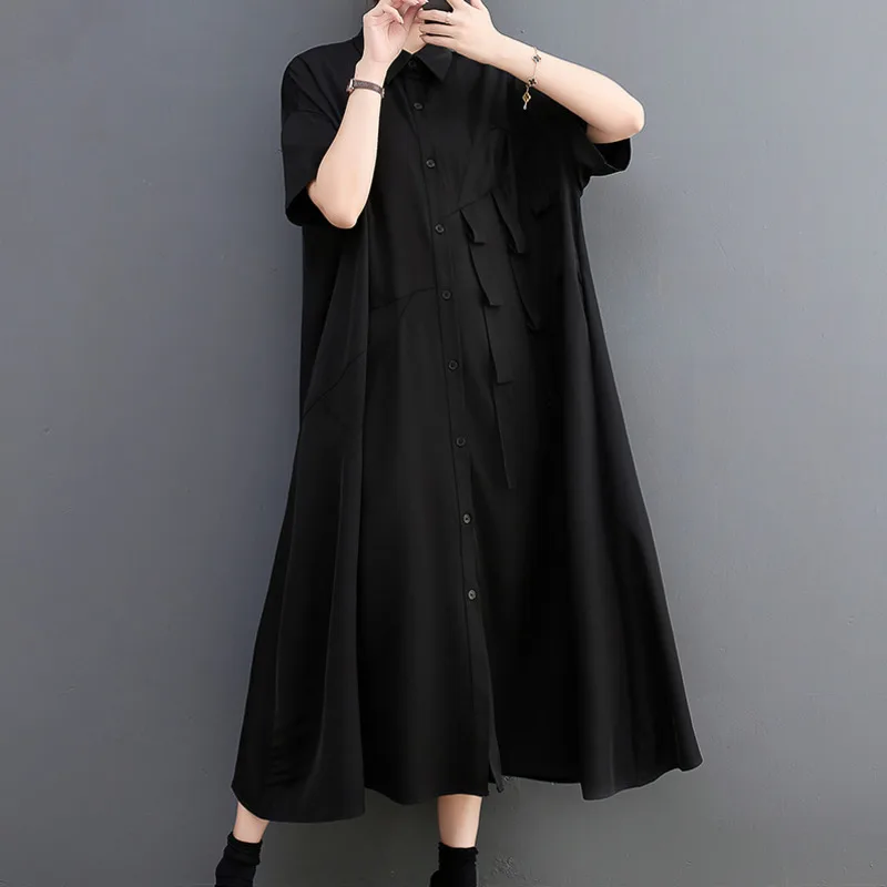 #0171 Black Green Long Shirt Dress Women Ribbons Loose Midi Dress Female Short Sleeve Loose Irregular Front Button Shirt Dress