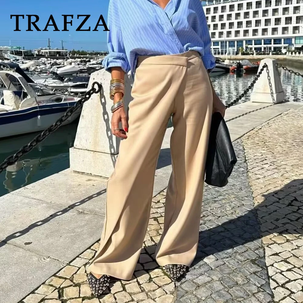 TRAFZA 2024 Kobiety Wiosna Casual Solidne Spodnie Wrap Up Zipper Długie Spodnie Proste Luźny Krój Wysoka Talia Moda Kobiety Vintage Spodnie