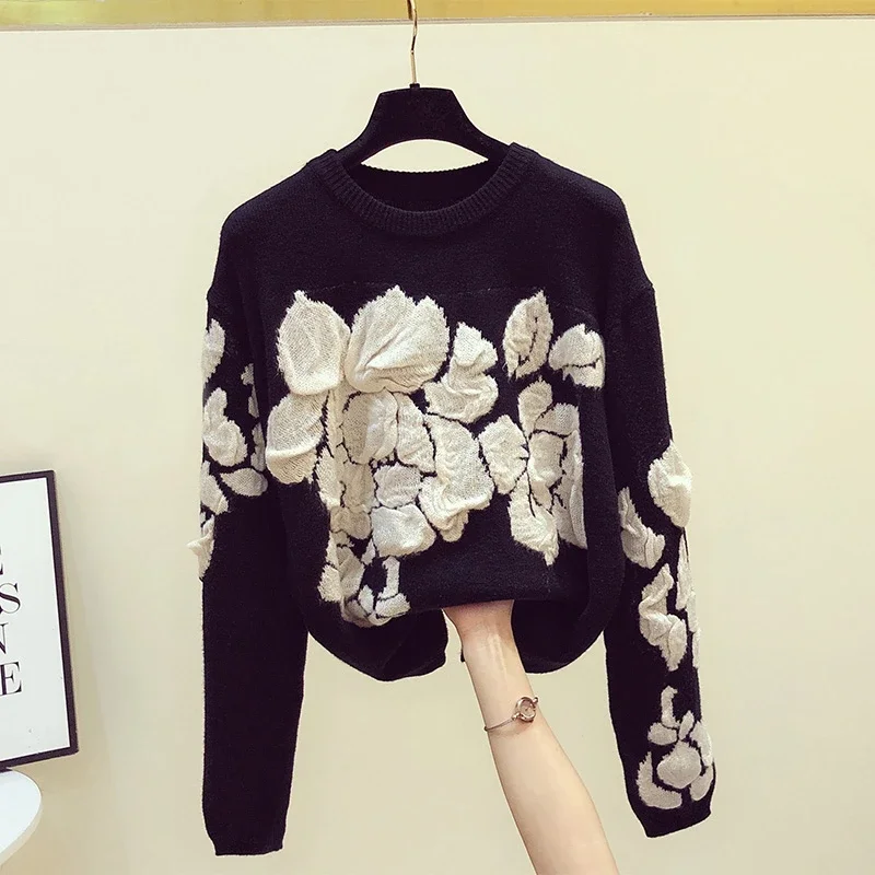 

2024 Spring Embroidery Floral O-neck Sweater Women Modis Vintage Long Sleeve Knitted Pullover Loose Black Tops