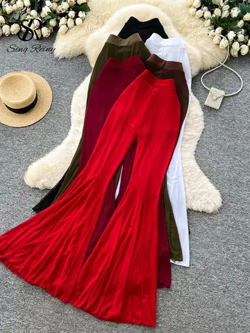 SINGREINY Sheer Mesh Stretchy Flare Pants Slim Solid High Waist Glamorous Flapper Women Summer American Ins Sexy Casual Trousers