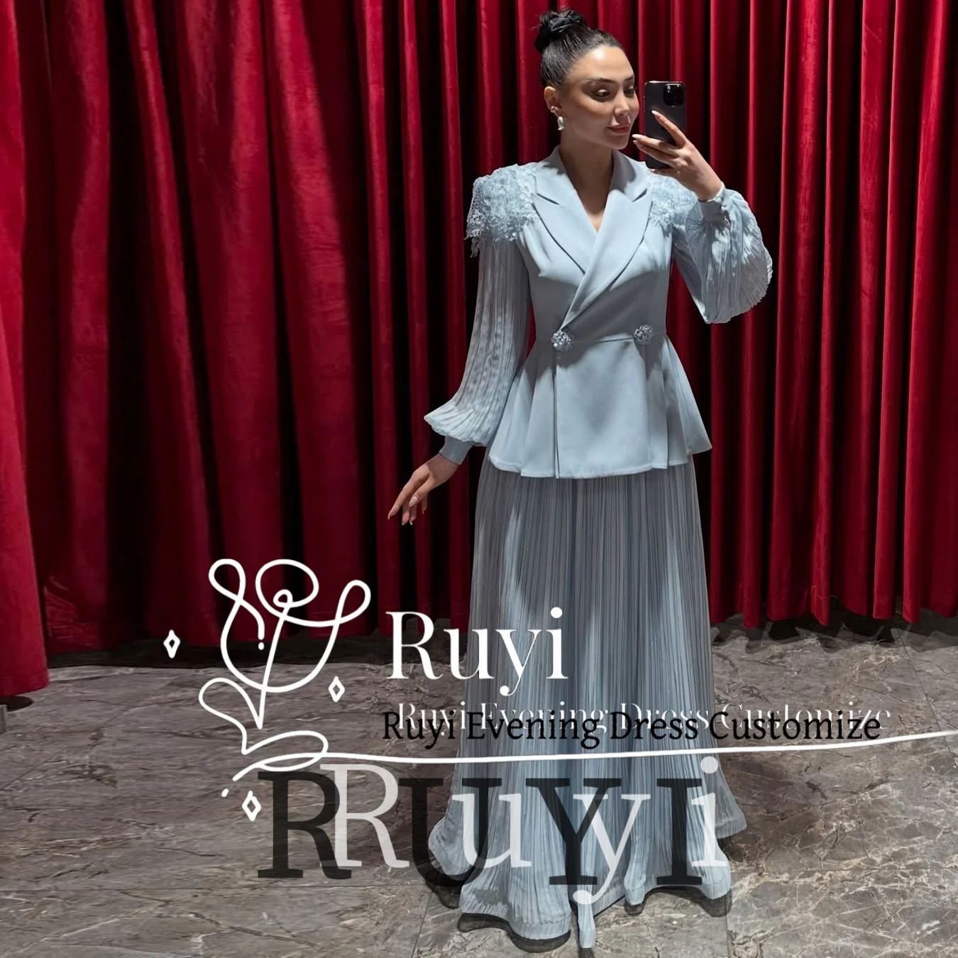 

Customized Lapel 2 Piece Prom Dresses For Special Occasion Puff Long Sleeves A-line Pleated Lace Ruffle Evening Dress