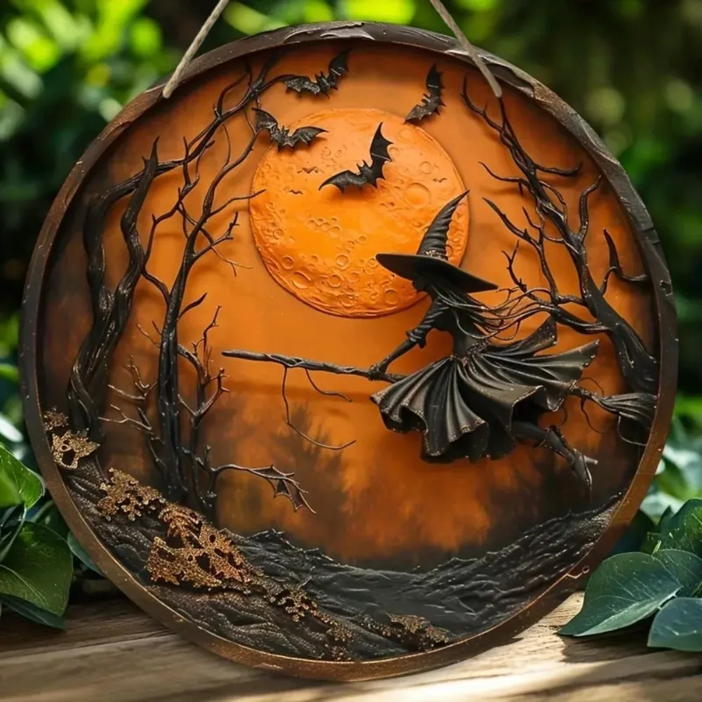 2D-Retro-Halloween-Rundschild aus Holz – Hexe, Fledermaus und Mond-Design, geeignet für Zuhause, Zimmer, Büro, Party-Dekoration, Geschenke