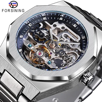 Forsining Casual Automatic Mechanical Watch for Men Luminous Hands Stainless Steel Strap F