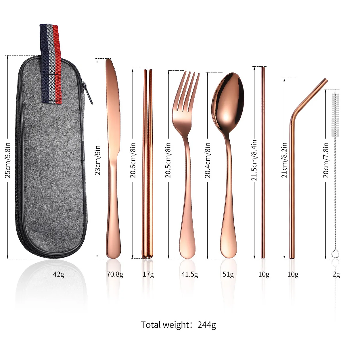 7pcs Stainless Steel Portable Tableware Set Knife Fork Spoon Chopsticks Straw and Brush Products Travel Cutlery Set