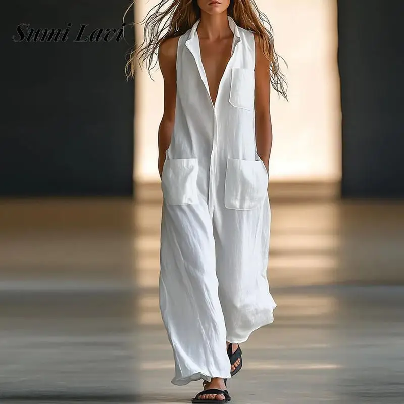 Romper Women Fashion Commute Workwear Elegant Single Breasted Loose Jumpsuits 2025 Summer Casual Wide Leg Solid Color Playsuits