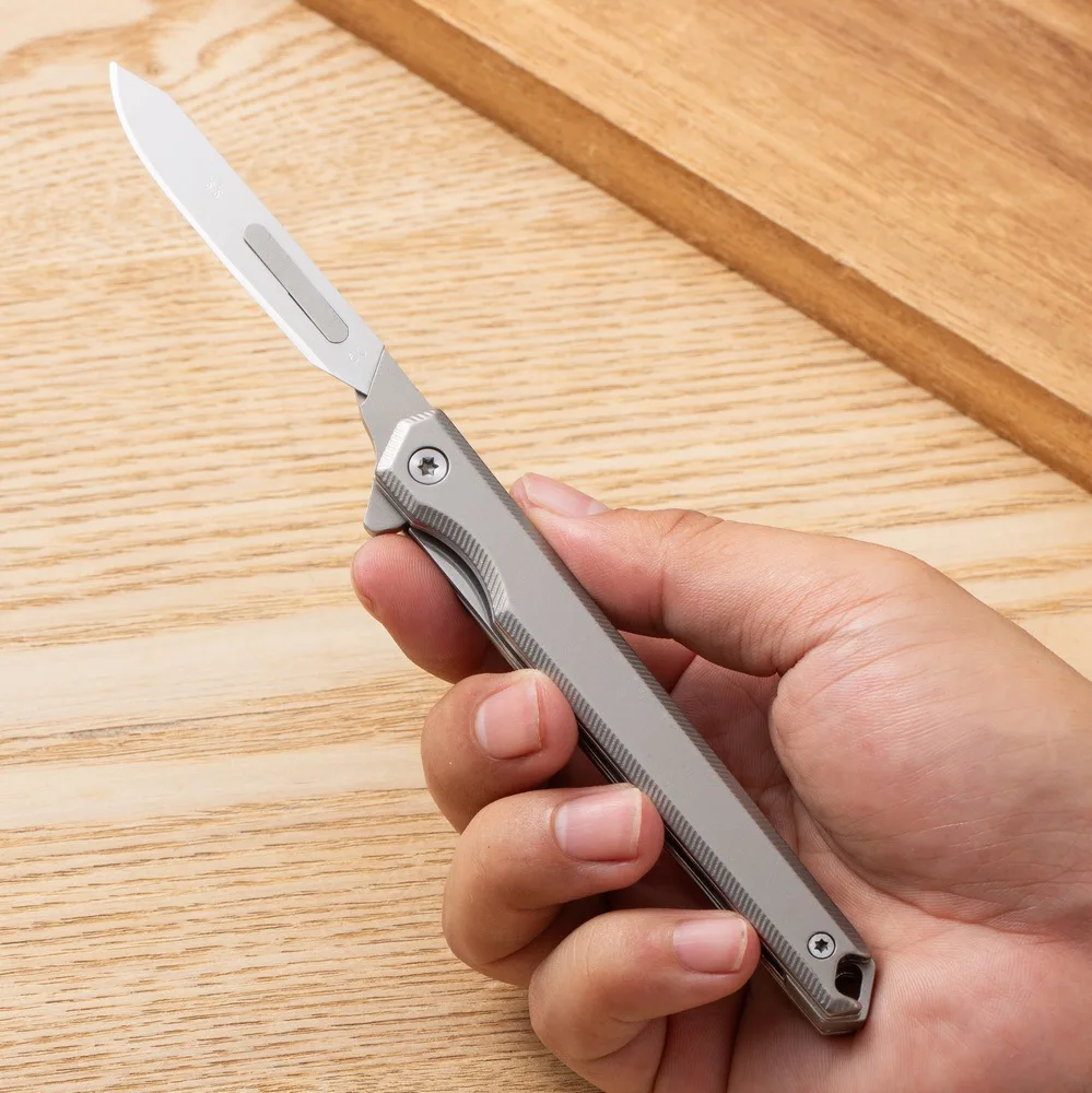 Imagem -06 - Mini Bisturi Faca Dobrável Edc Exterior Desembalagem Pocket Key Knife 60 Lâminas Lâmina Substituível Fast Open Aço Inoxidável
