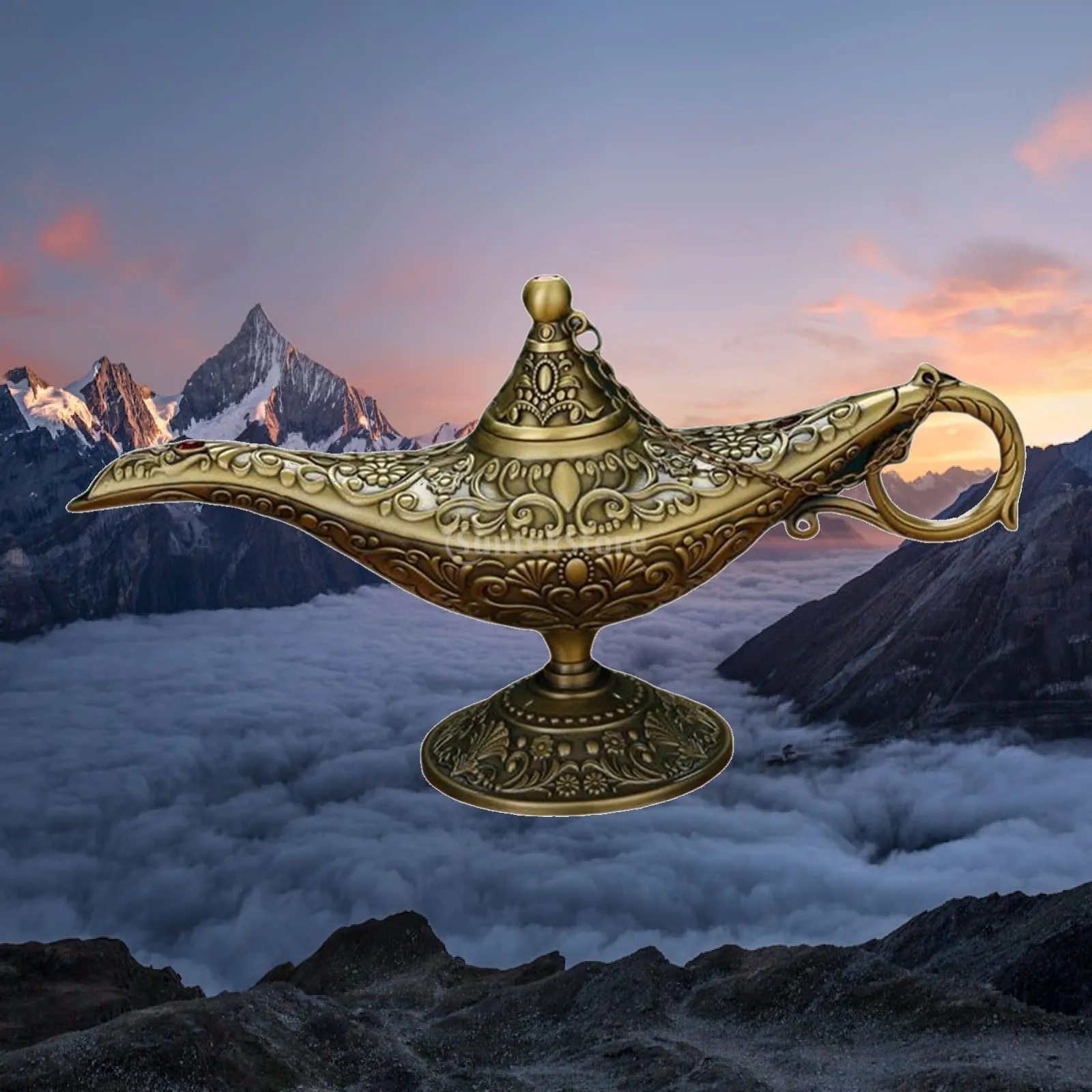 Classic Aladdin Lamp Tabletop Decor Zinc Alloy Magic Wish Light 3D Relief Vintage Metal Prop for Home Office Party Gift