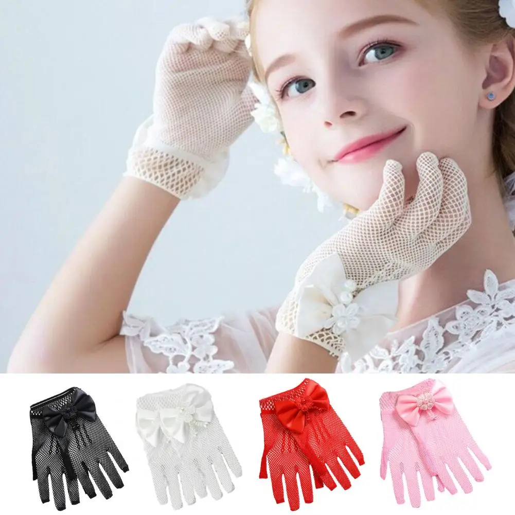 Guantes elegantes de encaje antideslizantes para niños, accesorios para fotos, Color sólido, niña de las flores, ahuecados, 1 par