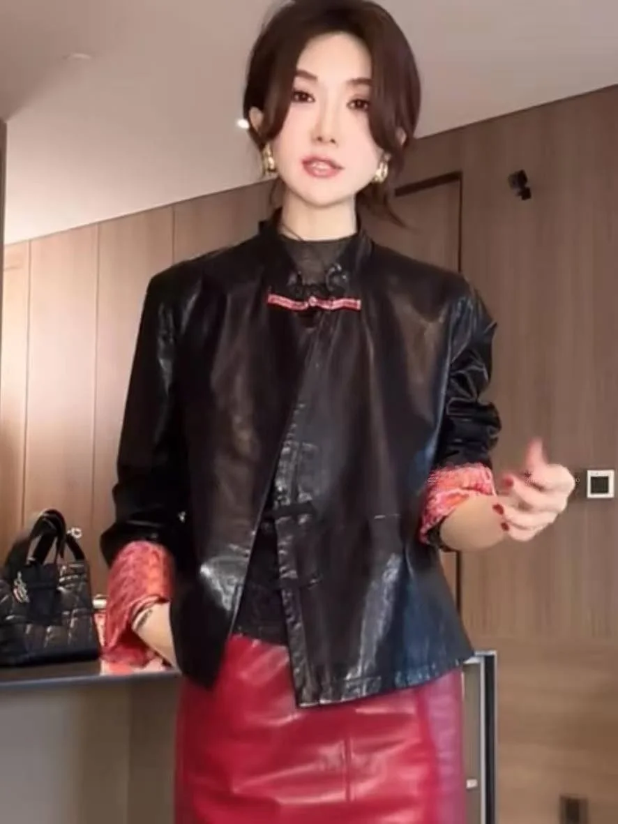 

Ning 2025 New Sle Women's Leather Jaet eepskin Coat Luxury Feel Small Size Genuine Leather Long Sve Zipper