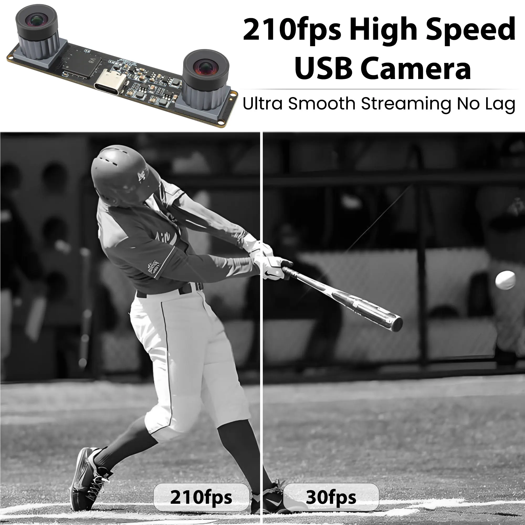 ELP 120fps 210fps Global Shutter Camera Module Monochrome No Distortion Dual Lens USB Webcam 800P Lightburn Camera forGolf Swing