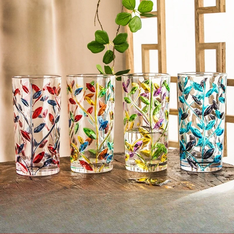 

Hand Painted Tree Branch Glass Cup with Colorful Leaves Relief Engraved Design Ins Style Creative Water Bottle