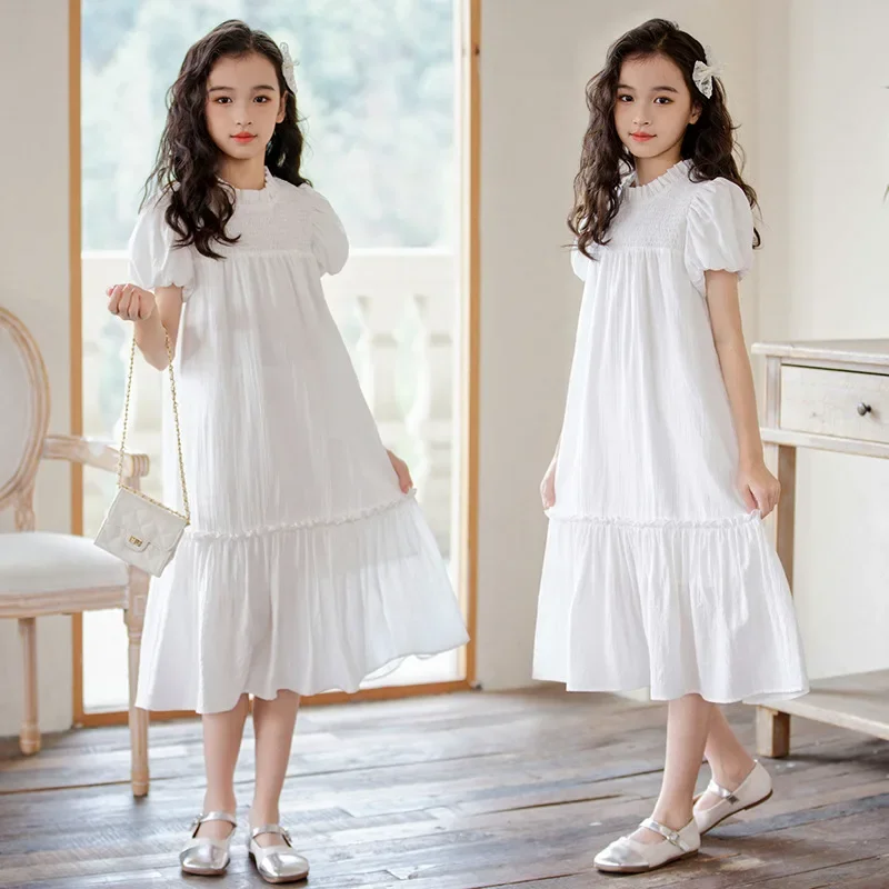 Party Dress for Kids Summer 2024 New Puff Sleeve White Black Girls Princess Dresses Casual Loose School Teenage Children Clothes