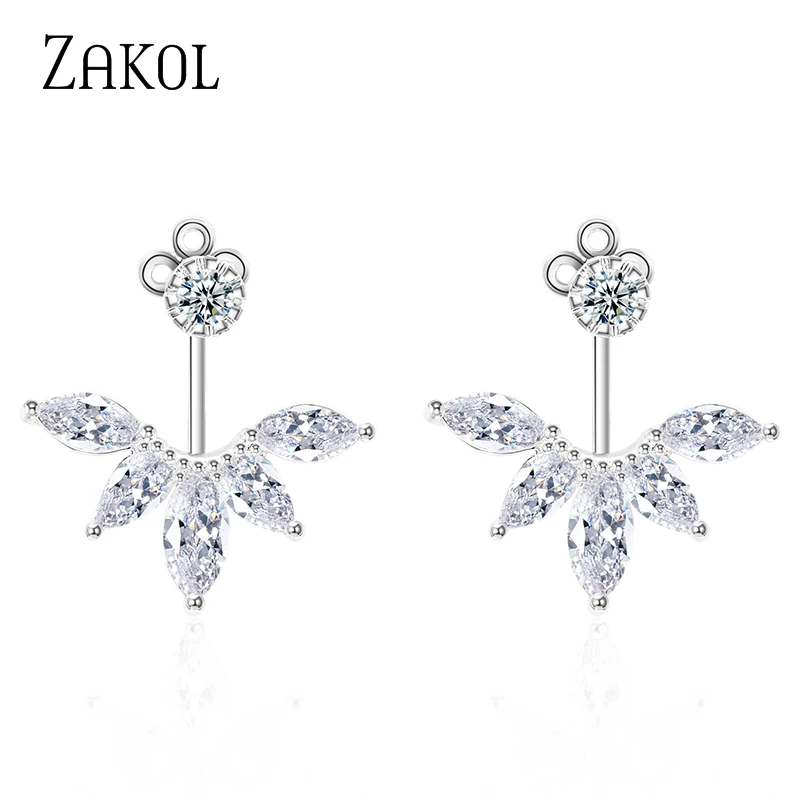 ZAKOL Fashion Zirconia Women Jewelry Exquisite White Color CZ Zircon Leaf Earrings Jackets For Party Wholesale Price FSEP489