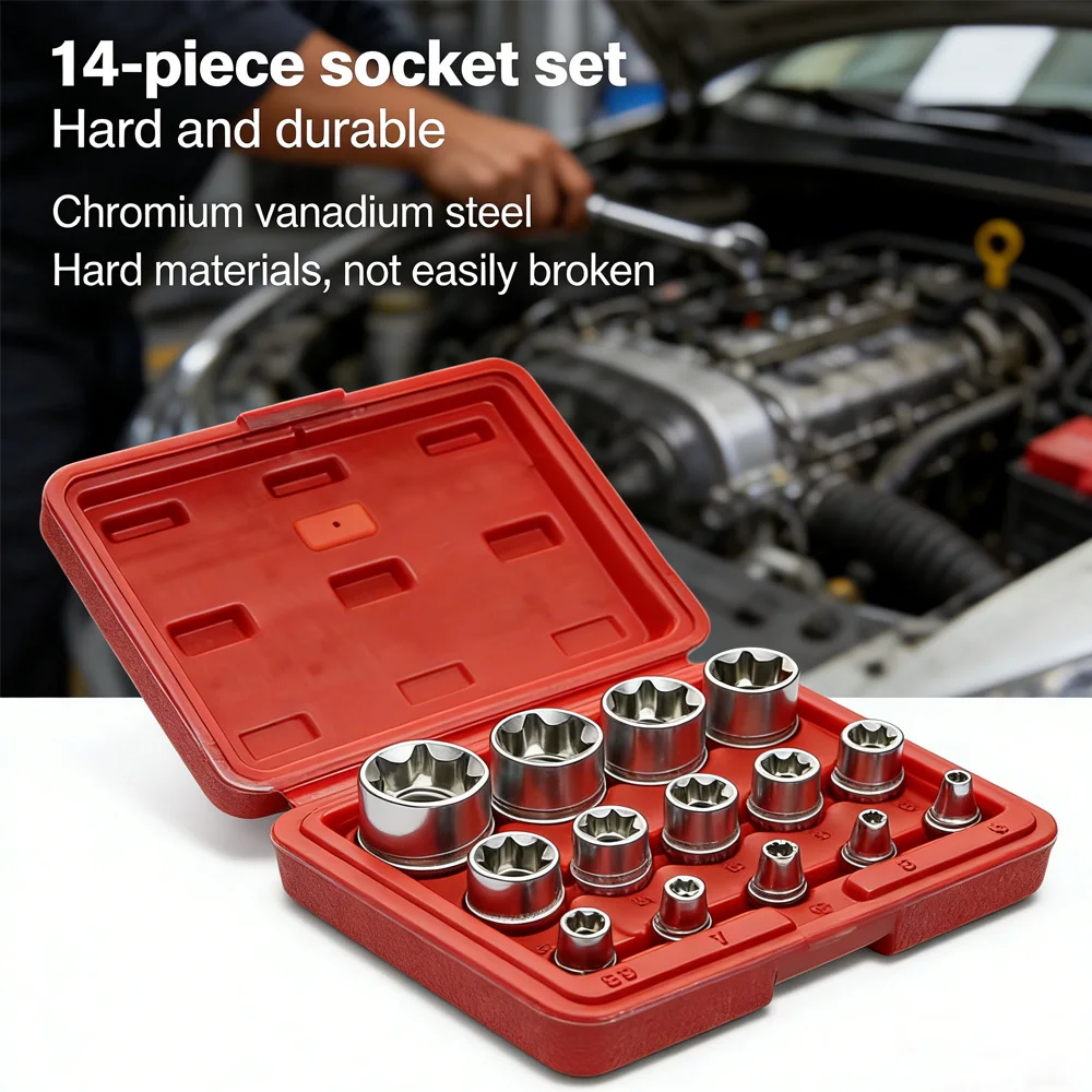 Jeu de 14 embouts étoilés E4-E24. Il peut facilement effectuer des réparations automobiles, et la conception hexagonale externe est extrêmement pratique.