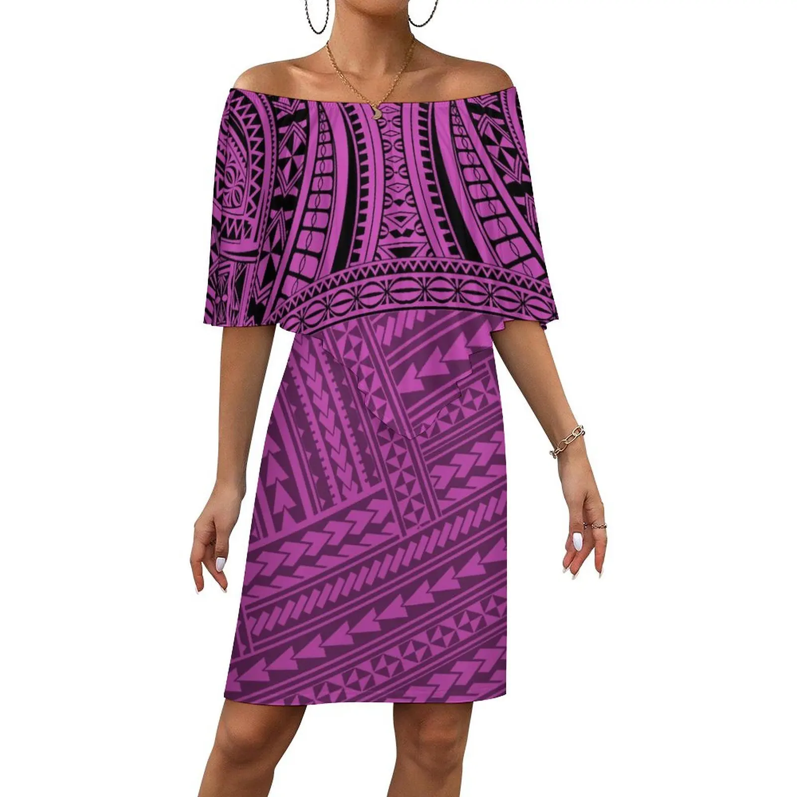 Ladies Travel Party Dress Custom Polynesian Vintage Print Sexy One-Line Shoulder Short Sleeve Shawl Skirt Elegant Gown