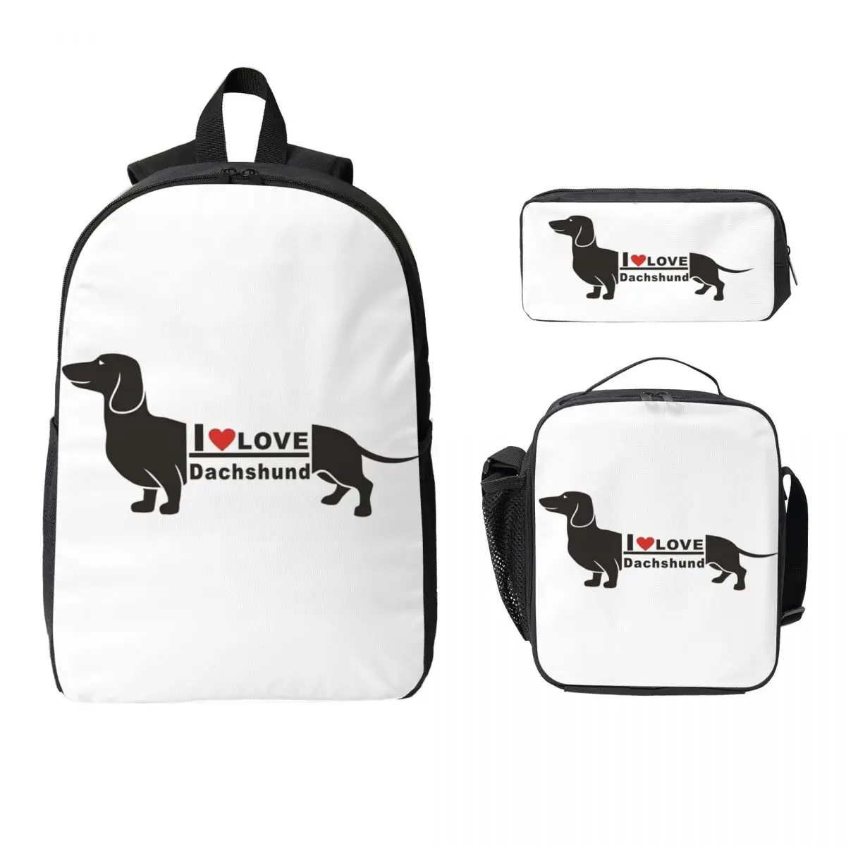 Dachshund Dog Photo Portrait Popart I Love Backpack Student Boys Girls BookBag School Bag 3ps Insulated Lunch Bag Pencil Case