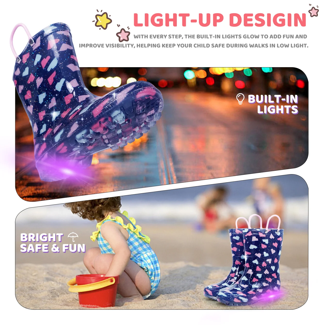 أحذية المطر ذات المصباح الأرجواني الفراولة للأطفال، أحذية المطر المقاومة للماء ومضادة للانزلاق، أحذية المطر الناعمة والمريحة