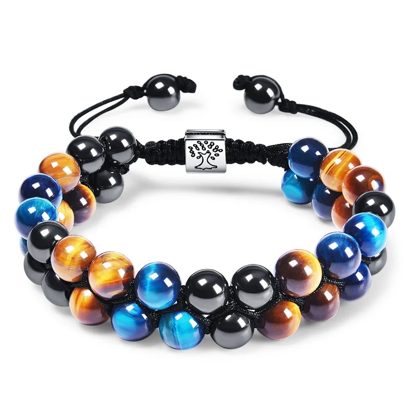 Fashion 8mm Tiger Eye Stone Black Magnet Bracelet Double Weave Natural Stone Adjustable Bracelet Tree of Life Bracelet