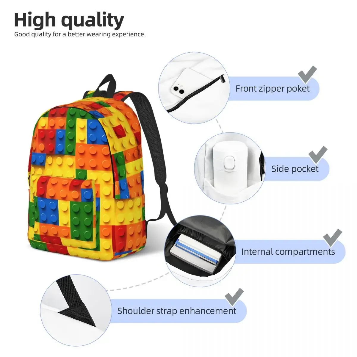 Sac à dos de construction de blocs de jeux amusants pour hommes et femmes, sac à dos de travail scolaire pour adolescents, sacs en toile pour ordinateur portable, cadeau coloré