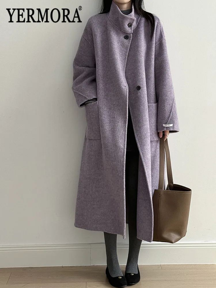 

YERMORA фиолетовое шерстяное пальто с разрезом на спине и поясом для женщин, свободное новое пальто с воротником-стойкой и длинными рукавами, модное осенне-зимнее пальто