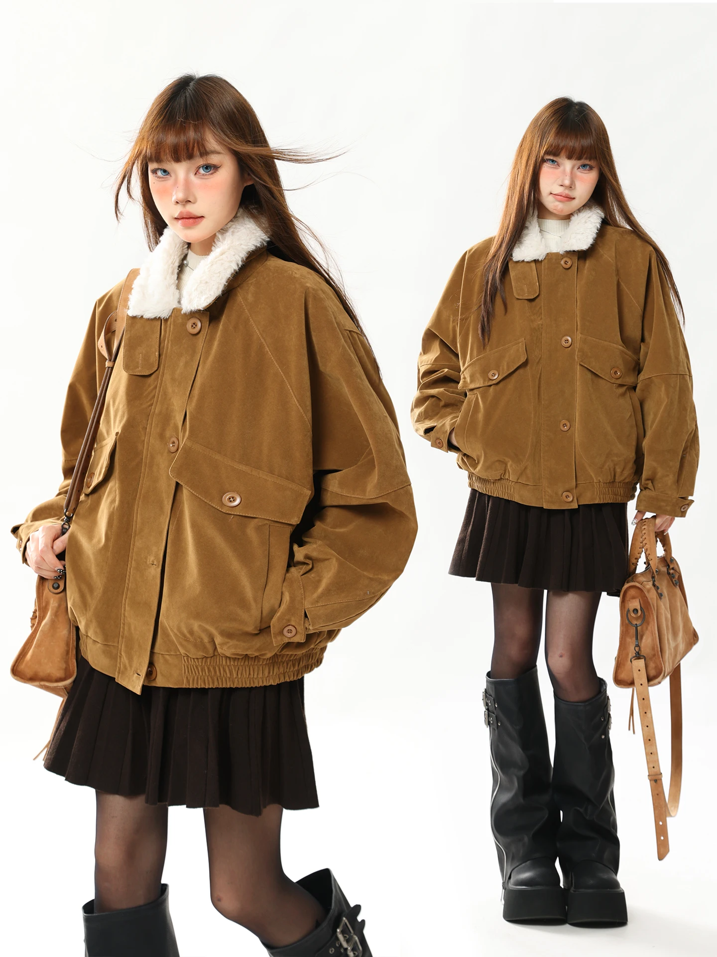 

Warm Fce Lined Oversized Jaet with Fur Collar Velvet Fini Retro Sle Long Sve Cotton Coat for Women Commute Sle