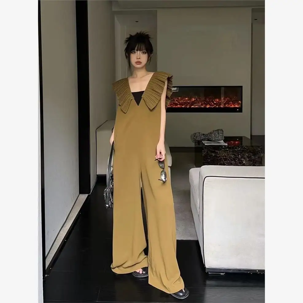 

Женский комбинезон больших размеров с высокой талией, длинными брюками, V-образным вырезом, скрывающий недостатки фигуры, в гонконгском стиле, плиссированный