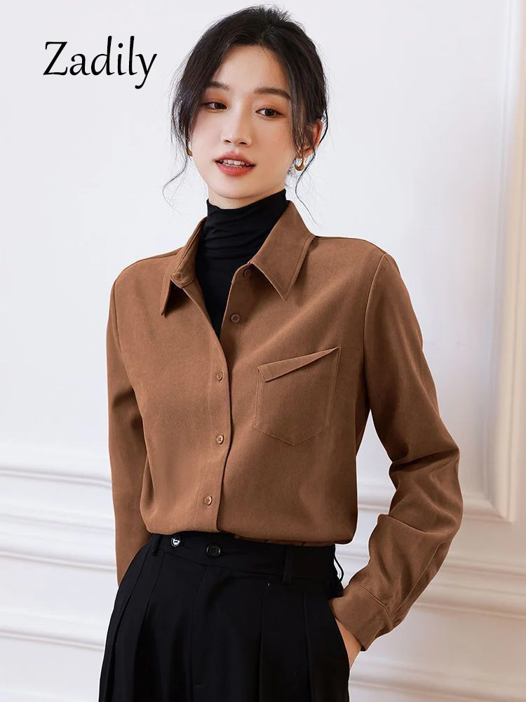 

2025 Spring Office Lady Women Thick Shirt Korea Style Long Sleeve Button Up Blouse Female Work Clothing Solid Color Pocket Tops