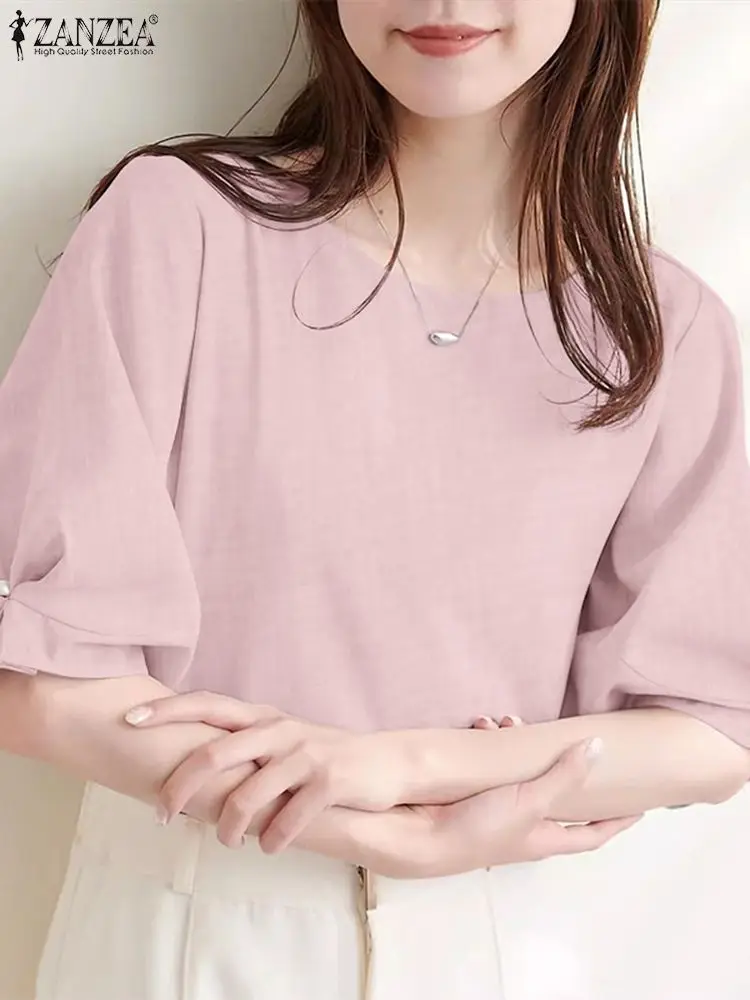 ZANZEA Korean Women Summer Blouse Vintage Solid Office Party Tops 2024 Elegant Puff Half Sleeve Shirt Casual Simple Blusas Femme