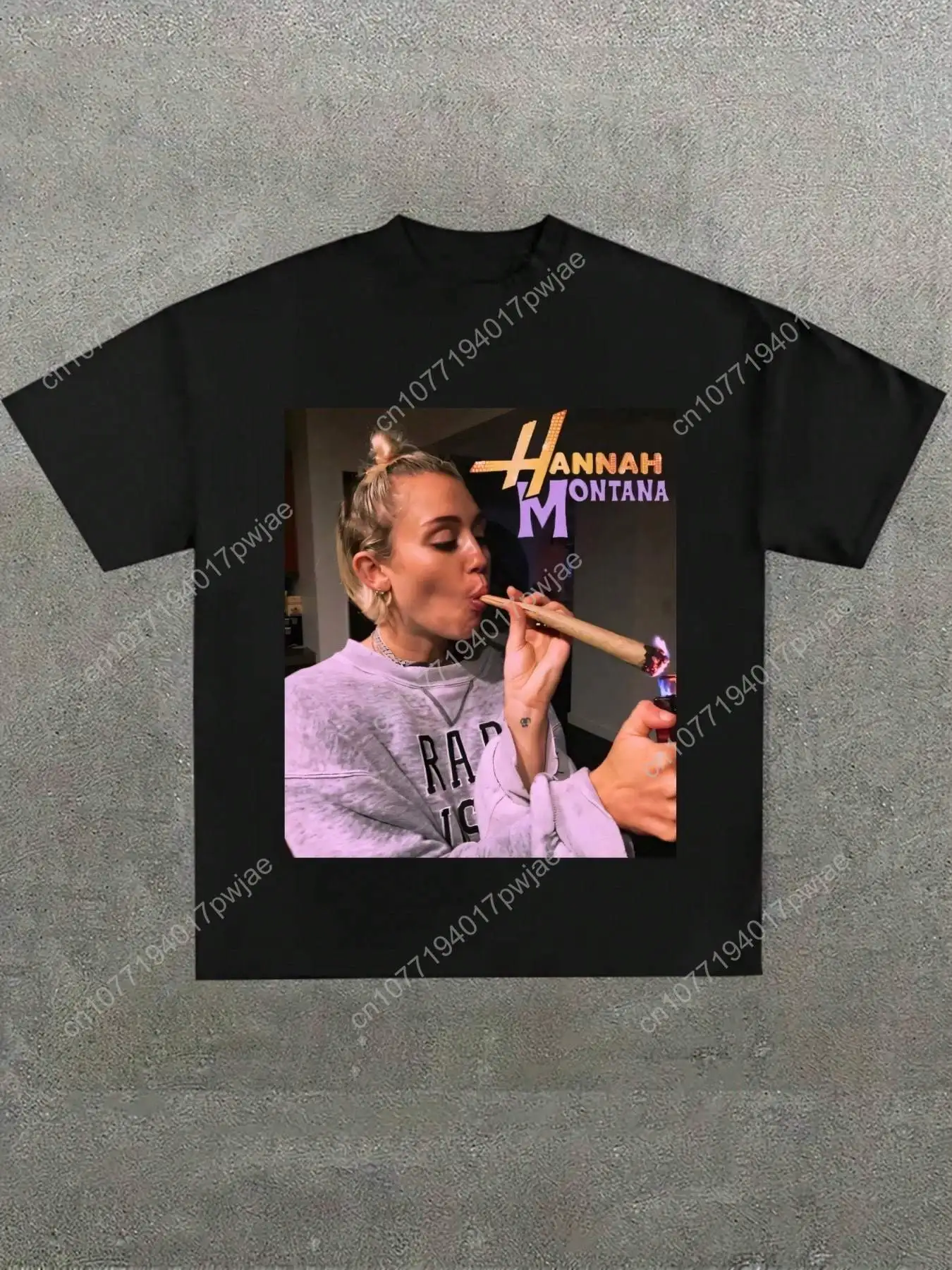

Hannah Montana Graphic T-Shirt - Casual Black Tee with Cigarette Design, Comfortable Loose Fit, Short Sleeve, Women's Fashion