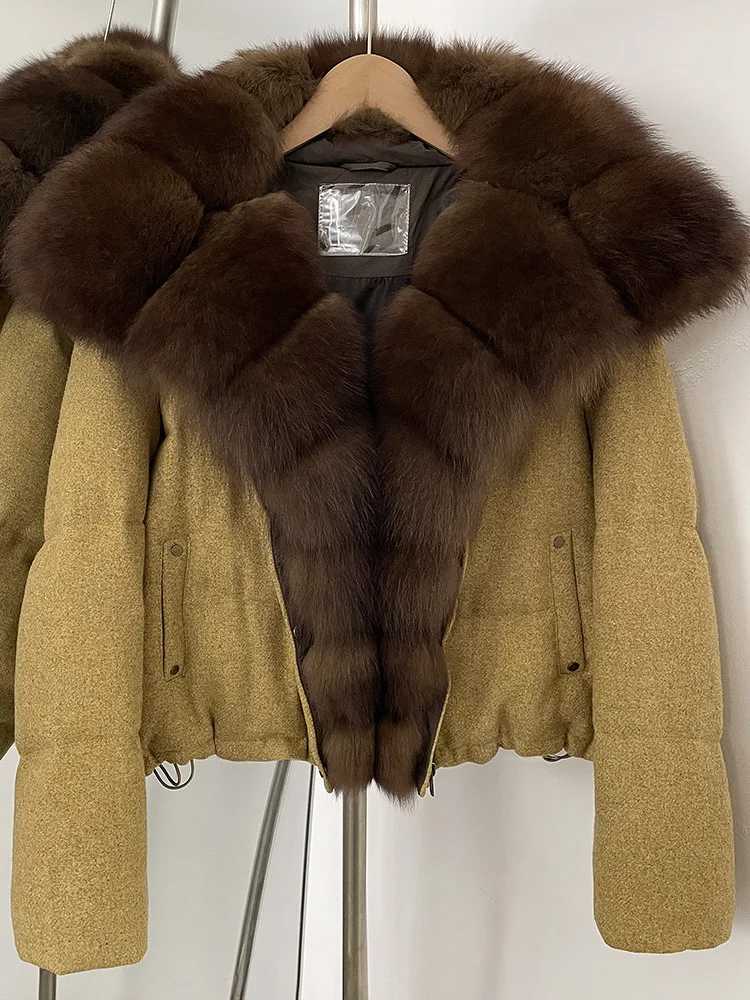 Damska krótka kurtka puchowa ZMEENNA z futrzanym kołnierzem, mieszanka wełny, luksusowa ciepła odzież wierzchnia, modna i szykowna, model ZM4314