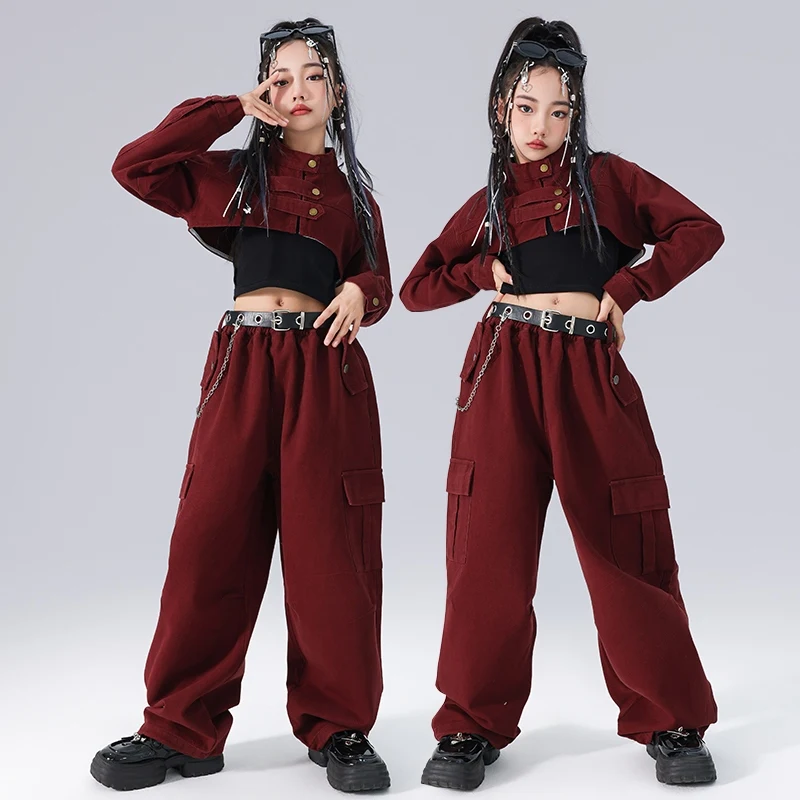 

Girls Jazz Dance Clothes Long Sleeves Crop Tops Pants Burgundy Suit Kids Catwalk Concert Wear Stage Performance Clothing BL14034