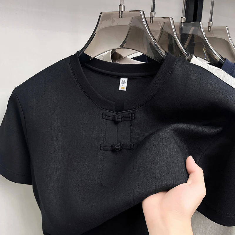 High quality men's short sleeve T-shirt personality luxury round neck retro button solid color casual summer new breathable top
