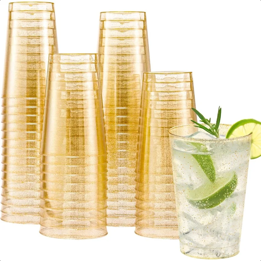 

100 Pack 12 oz Gold Plastic Cups Gold Glitter Plastic Cups Fancy Clear Plastic Cocktail Cups for Wedding Thanksgiving Christma