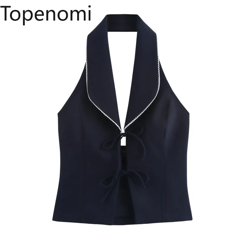 Topenomi French Fashion Bow Lace Up Halter Tops Women 2025 New Sleeveless Slim Short Vest Sexy Backless Design Tanks Streetwear