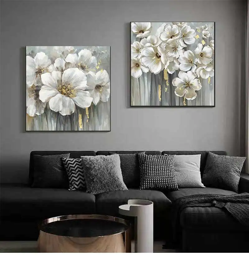 Mintura Wall Picture for Living Room Oil Paintings on Canvas Hand Painted Many White Flowers Hotel Decor Home Art No Frame