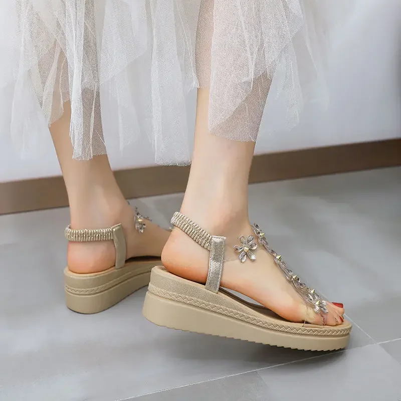 Summer 2024 Footwear Rhinestones Sandals for Women Platform Ladies Shoes Roman Style Transparent Designer Luxury Casual Sandal H