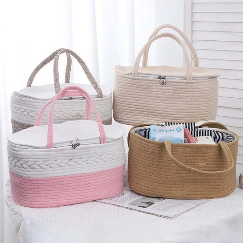 

Cotton Thread Rope Mummy Handbag Divided Into Compartments Large Capacity Diaper Storage Basket Shopping Tote Bag