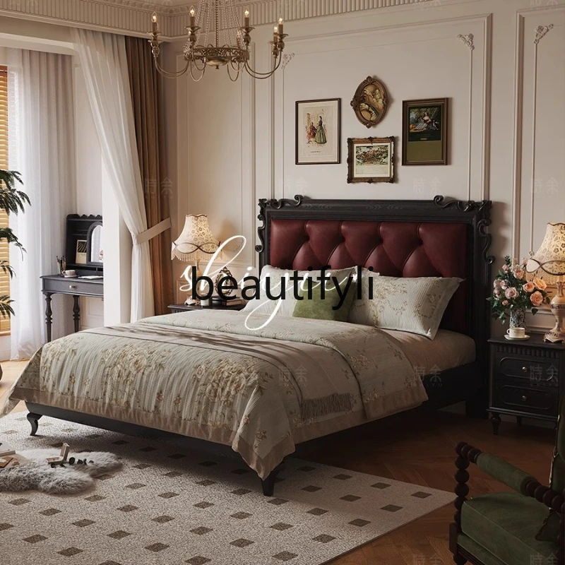 

French Vintage Style Genuine Leather Bed Retro Black Double 1.8m High Box Bed Master Bedroom American Style Bed
