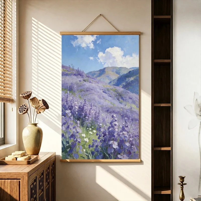 Wall Art Spring Garden in Soft Light, Impressionist Floral Pearlescent Canvas Hanging Scroll with Wooden Rods for Sunroom
