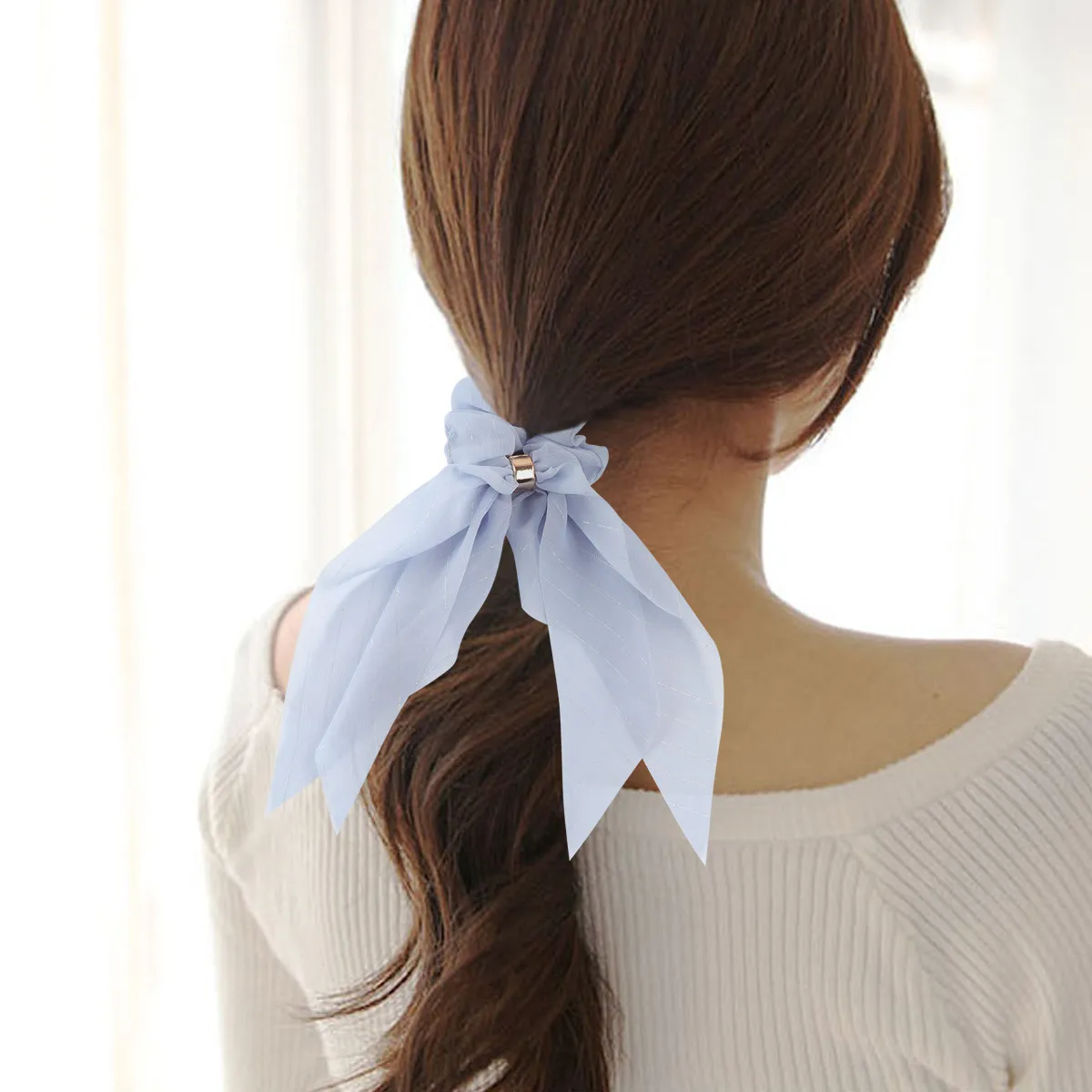 

Sky-Blue Double-Layer Bowknot Hair Rope for Women Elastic Cloth Ponytail Holder Buckle Detail Eye-Catching Daily Outfit Match