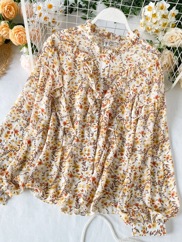 Spring Autumn Women\'s Lantern Sleeve Chiffon Shirt Top Sweet Print Shirt Female Flower Long Sleeve Chiffon Top Female GD335