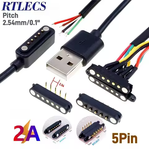 1 Pair 5 Way Waterproof Magnetic Pogo Pin Connector 5 Pin 2.54 MM 0.1" Grid 2A USB DC Power Cable Charger Pogopin Male Female