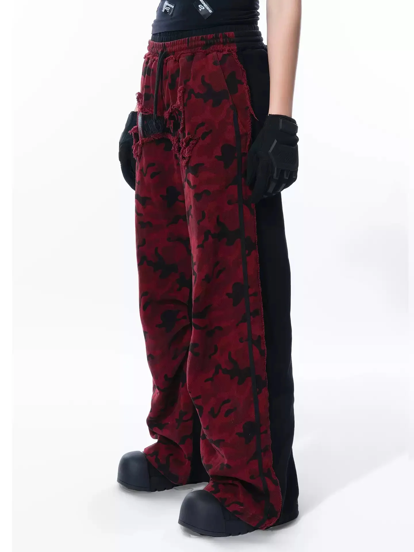 

American High Street Red Camouflage Double Waist Splicing Embroidery Design Color Matching Loose Pants Cotton Long Pants