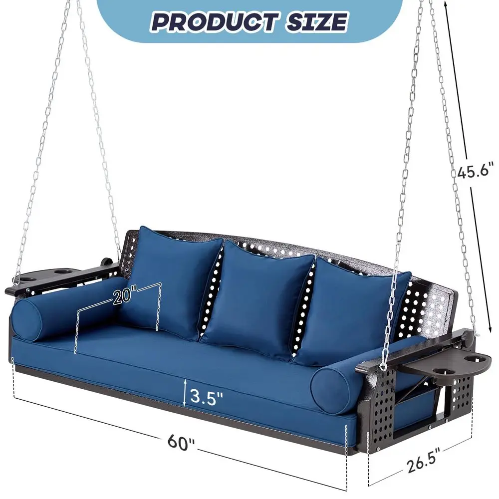 

Seat Porch Swing, Patio Swing Bench with Cup Holders amp 3 Back Cushions, Swing Chair with Chains for Deck Garden Backyard,Blue