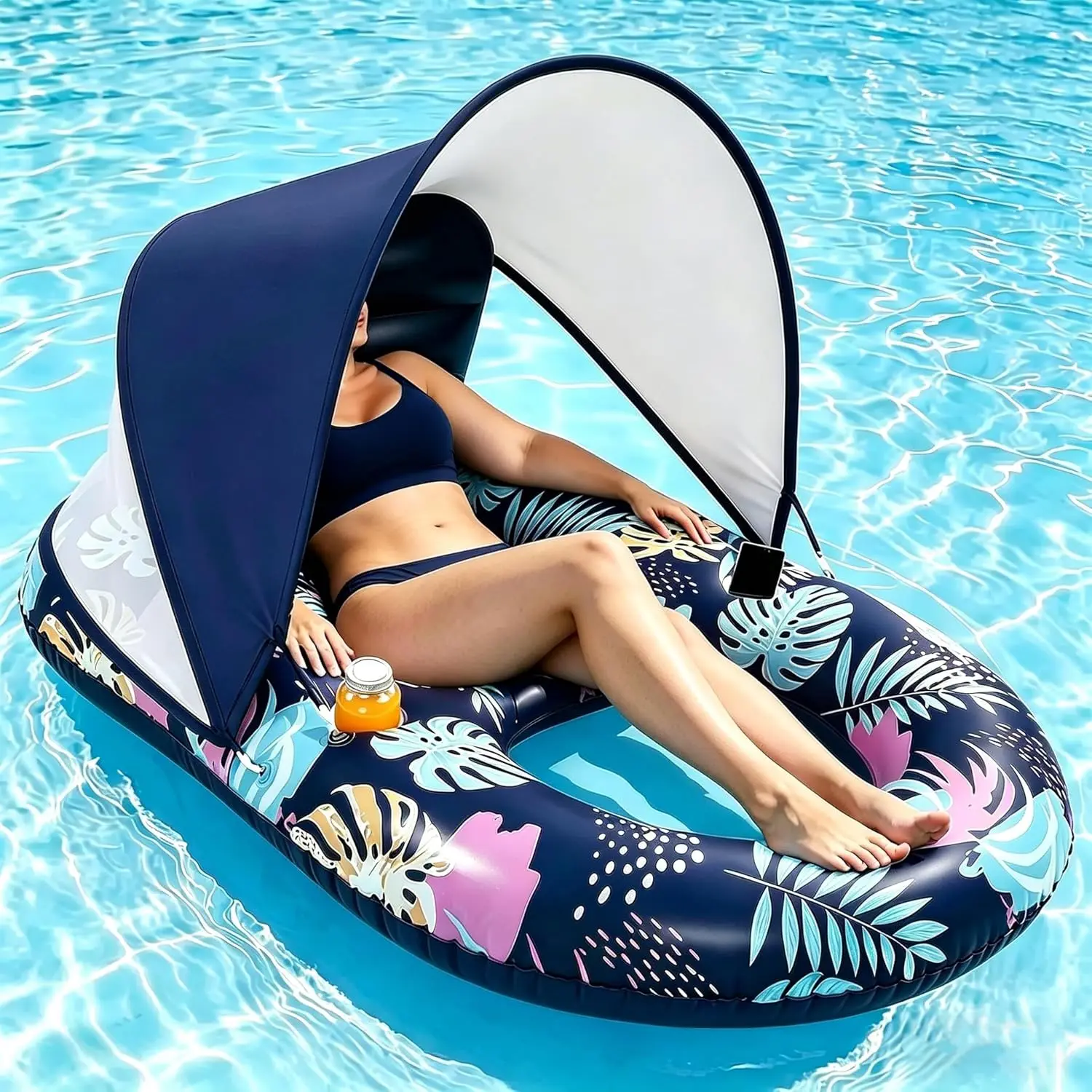 

Inflatable Pool Floats with UPF50+ Canopy-Removable- 20° Adjustable, Pool Beach Floating Raft Lounge with 2 Cup Holders,