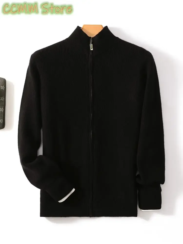 Men's Zipper Cashmere Cardigan Autumn Winter Thick Long Sleeve Sweater Merino Wool Knitwear Smart Casual Clothing Tops