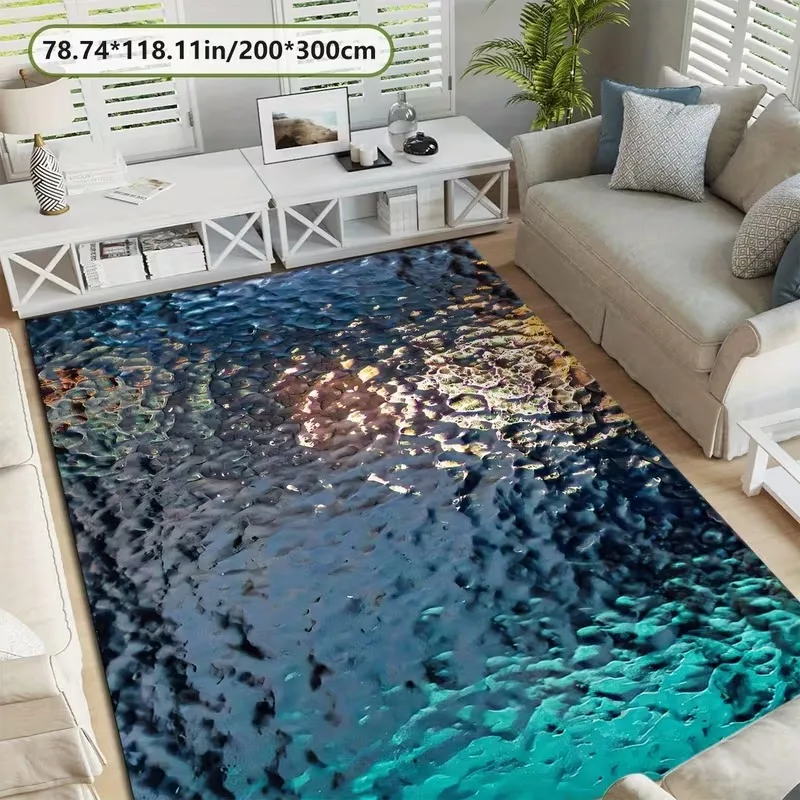 Ocean Wave Design Decor Rug, Machine Washable Non‑Slip Large Durable Floor Mat for Under Bed, Indoor & Outdoor