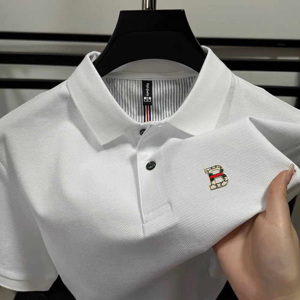 

100% pure cotton 2025 new light luxury brand men's short sleeve polo shirt summer fashion B letter badge golf top casual T-shirt