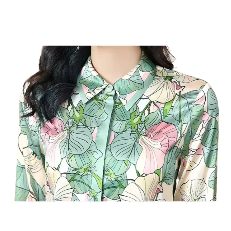 Satin Women Shirt Long Sleeve Blouses Floral Print Summer Turn-down Collar Soft Comfortable New Korean Fashion Casual Loose Tops