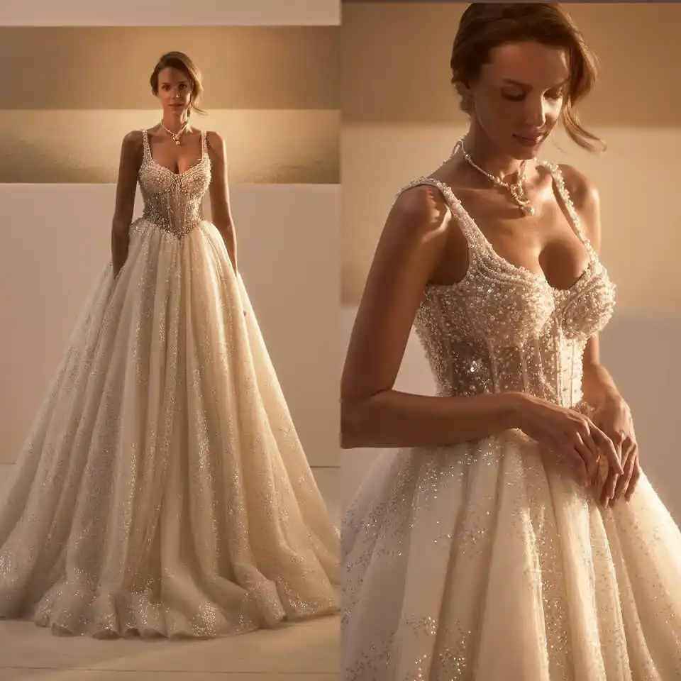

Elegant A Line Women Wedding Dress Sweetheart Neck Sleeveless Backless Bridal Gowns Sequins Pearls Sweep Train Dress Custom Made